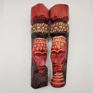 1992 Jamacian Hand Carved Wooden Totem Statues Male And Female Pair Brown Red 8"